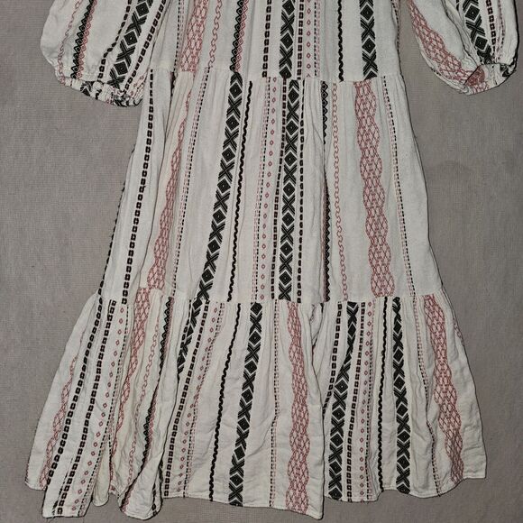 Boho Hippie Tiered Midi Dress Size Small Off Cold Shoulder Puff Sleeves Comfort - Picture 4 of 9